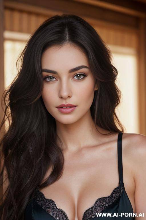 a portrait camera angle about a portrait of a woman with long, wavy brown hair and striking purple eyes, wearing a black lace bra and a black top. the image also shows a soft, - #main