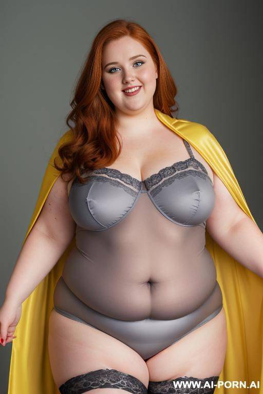 close up half body photo shot, about at classroom, chubby ((very obese and handlovess)) redhead fat bbw teacher, wearing a hot heroine (light, gray and yellow suit), with a flowing cape and and stocking. - #main