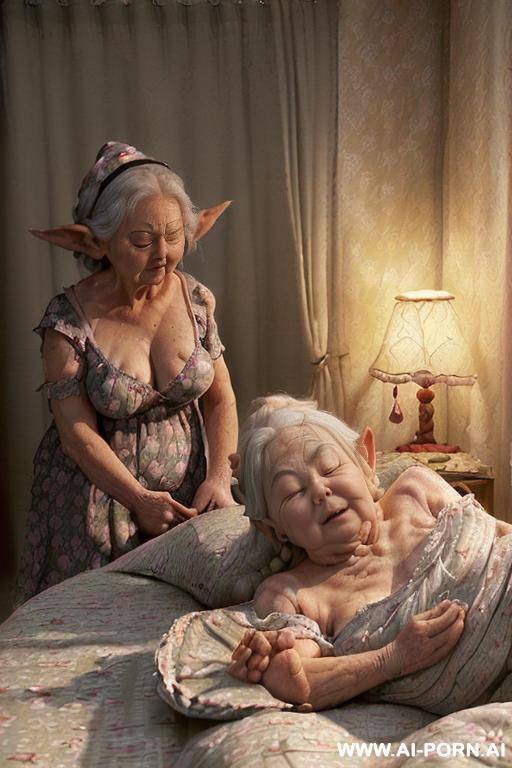 (scene features an amateur suburban elderly granny, and two! realistic elderly gnomes!). ((very !low-light! bedroom!) ((bedroom is dimly lit by a very low ambient bedside lamp!)), ((casting a soft - #main