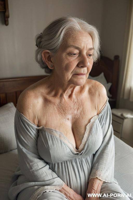 scene features: a (modest amateur suburban elderly granny!), and (two! realistic elderly gnome!). (bedroom is wrapped in a soft, subdued nighttime atmosphere). bedroom decor is cozy, rustic fantasy, - #main
