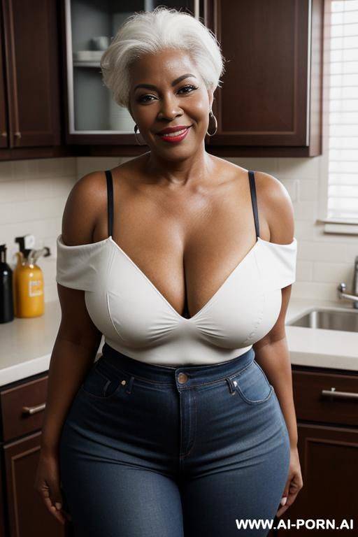 gilf, ebony skin collor, diamond shape face, wrinkled eyes, narow and thick lips, long neck, big cleavage, large hips, thick thighs, full body shot angle - #main
