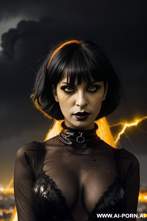 (black gothic make-up) ((((yellow eyes)))) ((((black lipstick)))) ((heavy thunderstorm with lightning in the horizon)) (((blazing ashes falling from the sky))) - #main