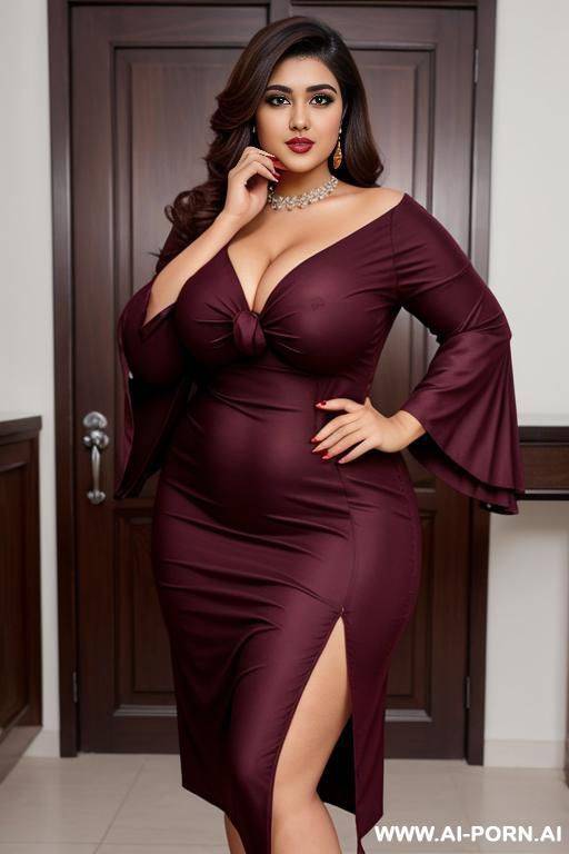 pakistani curvy milf with wine one sleeve tie up high cut dress - #main