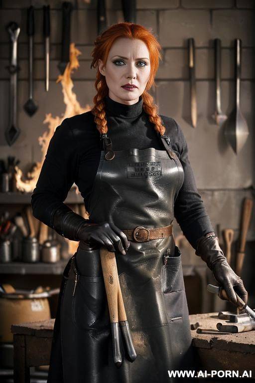 ((((heavy black goth make-up)))) ((ginger hair in a long braid)) (((blacksmith workshop))) ((((wearing a long sleeved black shirt, a pair of leather boots and a pair of leather gloves)))) ((((black - #main