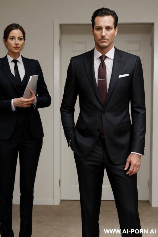 a man wearing a suit standing next to a naked woman - #main