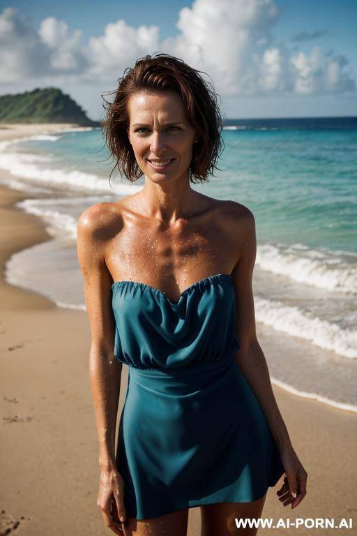 beautiful dutch woman. stranded on a deserted island after a shipwreck. wet drenched standing in the surf. torn , ripped red short summer dress, shoulder length dark brown hair, perky b-cup tits, round ass, covered with sticky sand - #main
