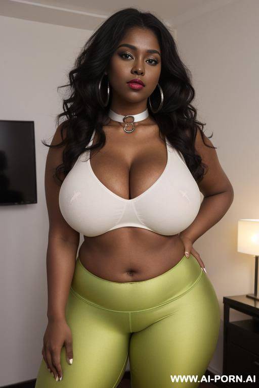 chubby woman, full body, long fluffy curly hair, wearing light green gym leggings shorts and light red top, double bedroom in front of drobe, (wide dark lips) pouting, slender legs, eye - #main