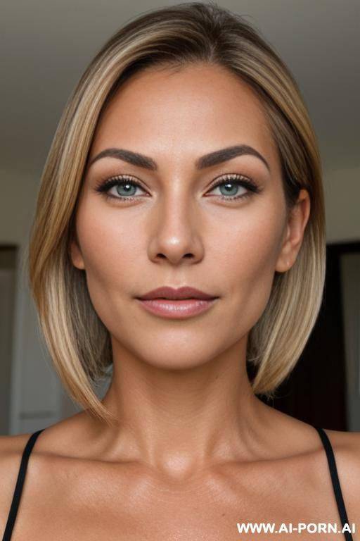 hotwife, milf, 0, face closeup, head closeup, closeup, only face is visible, amateur wife, dark blonde hair with brighter blonde streaks, chignon hair, green eyes, very natural nose, tanned, - #main