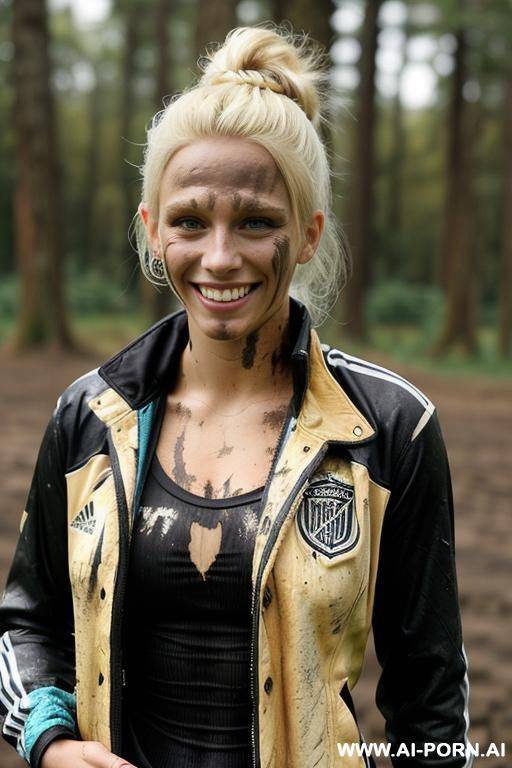 messy bun, medium breasts - slashed jeans, jacket, (black soccer jersey, covered in mud, dirty - #main