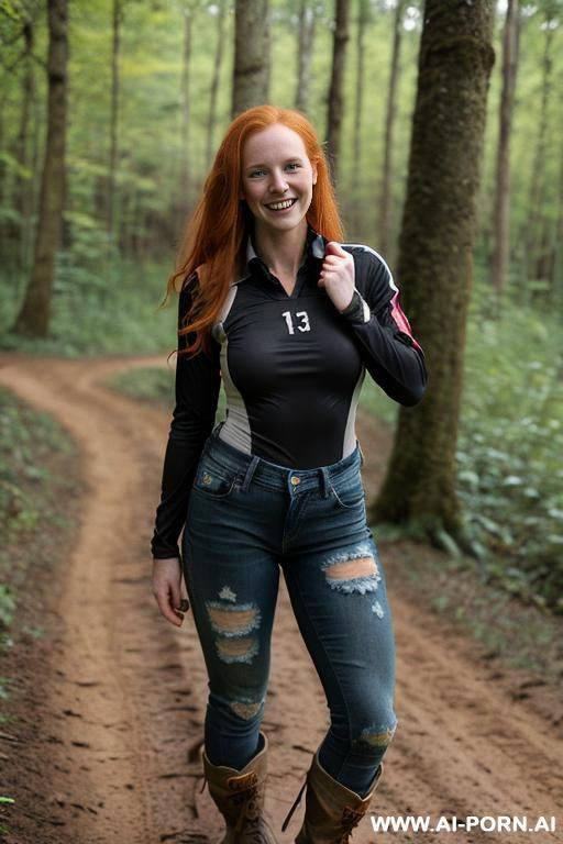medium long ginger hair; c-cup breasts; (torn jeans), (torn black soccer jersey), (hiking boots), tanned, covered in mud - #main