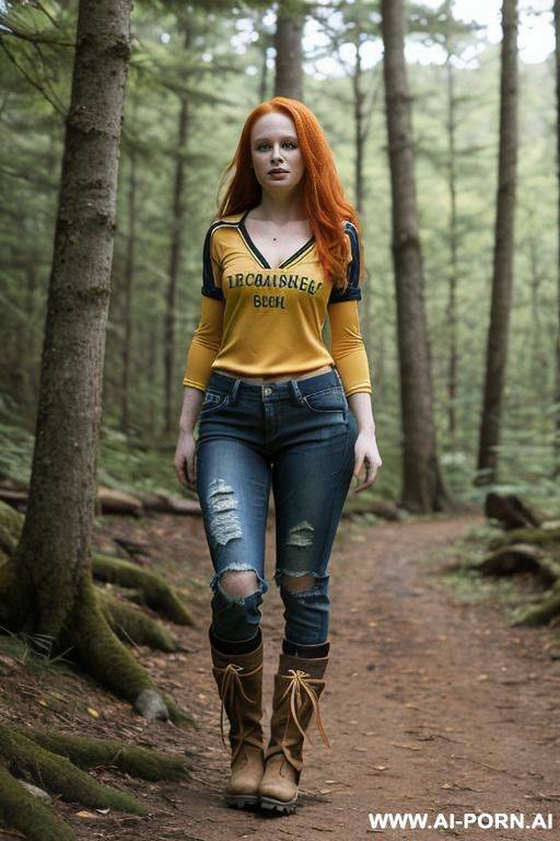 medium long ginger hair; c-cup breasts; (torn jeans), (burned soccer jersey), (hiking boots) - #main