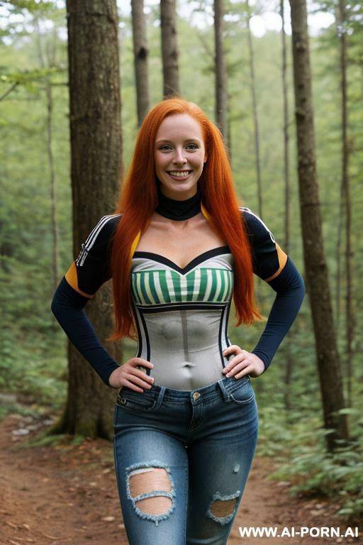 medium long ginger hair; c-cup breasts; (torn jeans), (burned soccer jersey), (hiking boots), tanned - #main