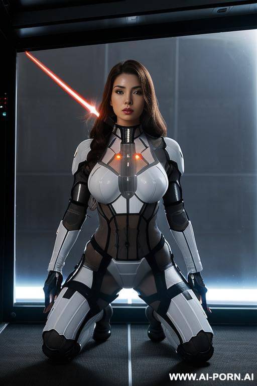 (close up) (woman soldier) (transparent combat suit) (spaceship reactor room) (low crouch) (double laser sword) (laser weapon) (full combat kit) - #main