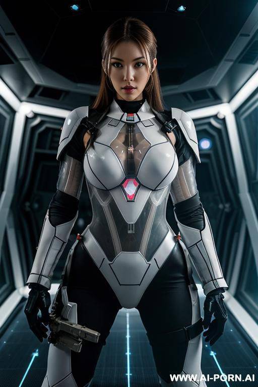 (close up) (woman soldier) (transparent combat suit) (spaceship reactor room) (sword lunge pose) (laser sword) (full combat kit) - #main