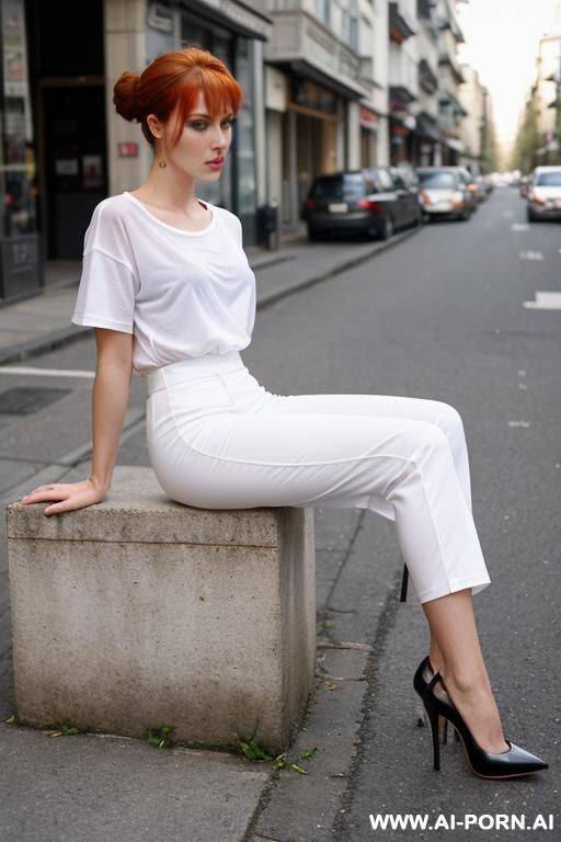 wife, walking with wide strides, short white wet transparent t-shirt, slender legs, sporty round butt, tanned, many walking dressed people - #main