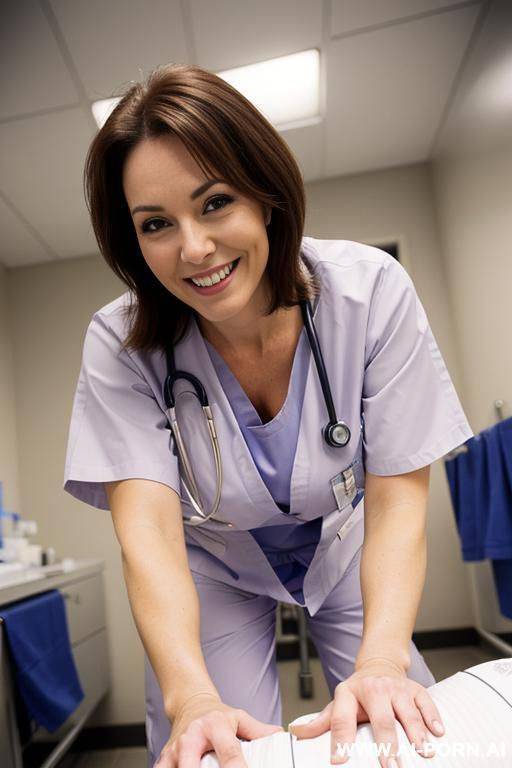 (nurse) (scrubs) (exam room) (close up) (bending down) (smiling) - #main