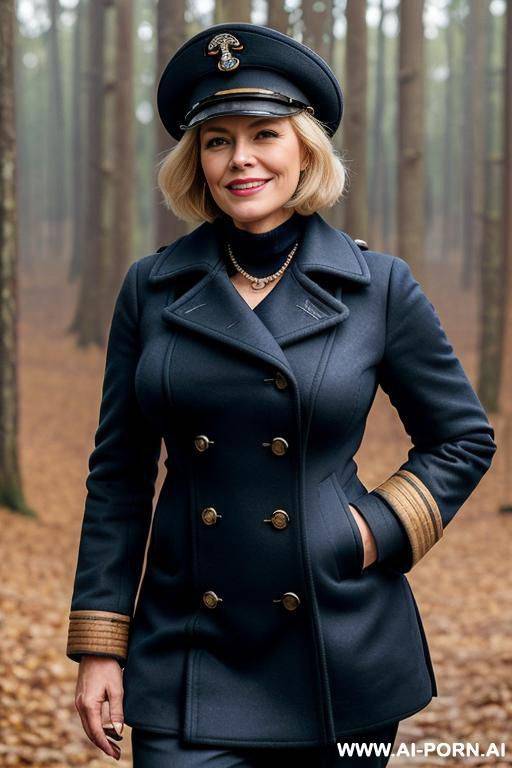 ) ((beautiful face)), ((high cheekbones)), ((short curvy hair)), (((wearing a realistic naval captain hat))), short hair. (((wearing a realistic peacoat))) ((buttoned up coat)) ((closed front coat)) - #main