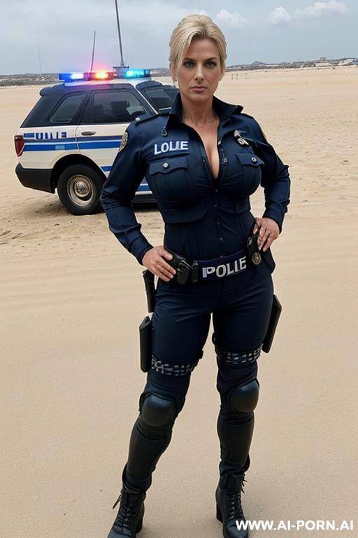 beautiful milf, cougar, professional police uniform, strong body, wide hips, strong makeup, full body shot, tanned, walking - #main