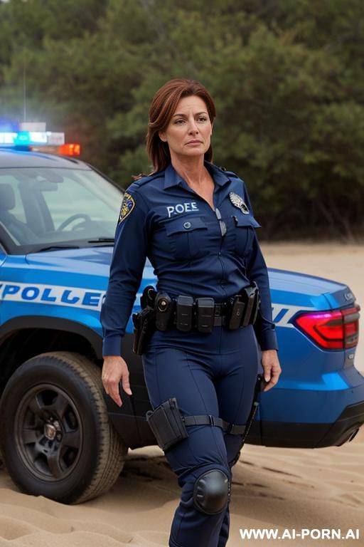 beautiful milf, cougar, professional police uniform, strong body, wide hips, strong makeup, full body shot, tanned, ((totally naked)), ((completely naked)), - #main