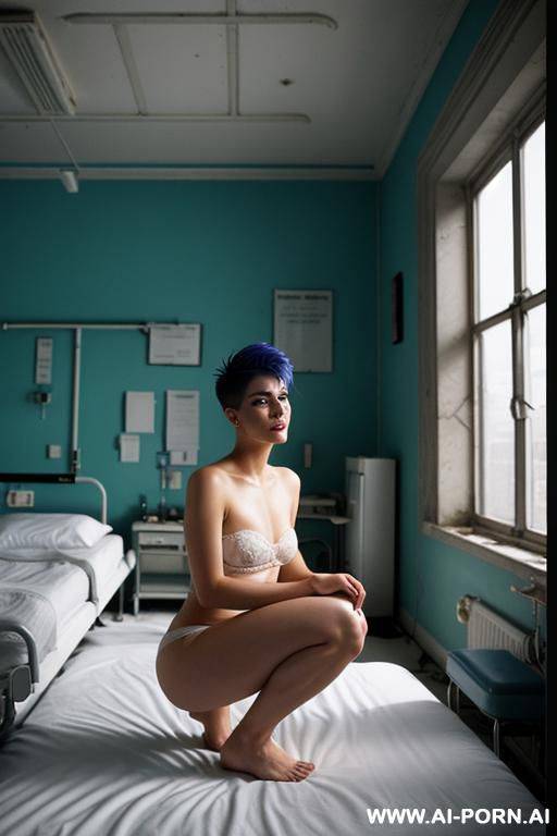 reference photo, full frontal, full nude , natural hairy pubic, narrow hips, round tits, (firm body), gorgeous face, (short pixie haircut with shaved sides) - #main