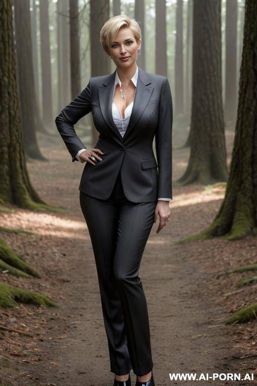 reference photo, full frontal, pubic, narrow hips, , firm body, gorgeous face, (business suit), (standing up), ((short hair)), sport coat, trousers, ((viewed from head to knees)), (standing in a forest) - #main