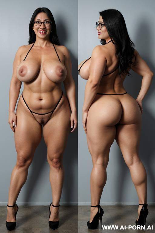 italian bodybuilder, wide hips, fat ass, laughing, argentina flags painted on each boob, glasses, high heels, too sexual - #main