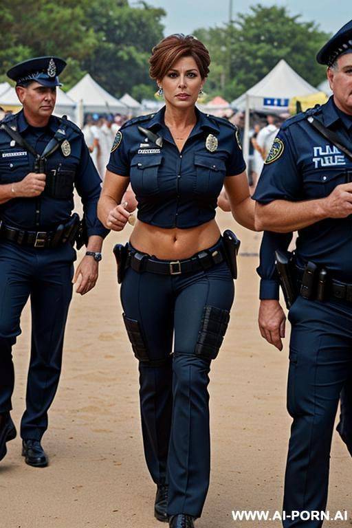 beautiful milf, cougar, professional police uniform, strong body, wide hips, strong makeup, full body shot, tanned, walking - #main