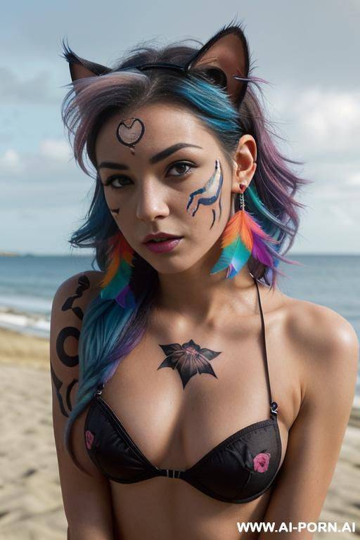 face, sexy, beautiful, ((face painting)), ((bikini as seashell)), ((tattoo roses)), ((eyes shw)), ((angel wings)), ((rainbow hair)), ((sexy expression)), ((long bu hair)), ((wind)), (( cat face)), (( cat - #main
