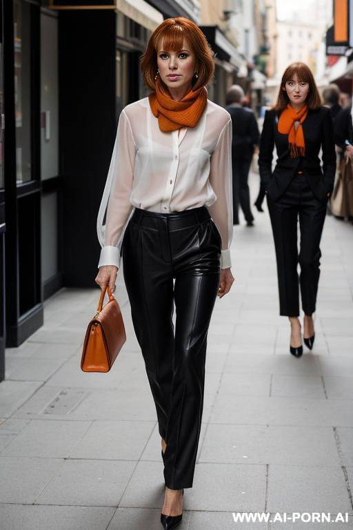very hairy, , tall, sexy, upset expression, in tight black woolen trousers, in a white transparent blouse unbuttoned to the waist on a naked body, orange scarf, black pat leather high-heeled - #main