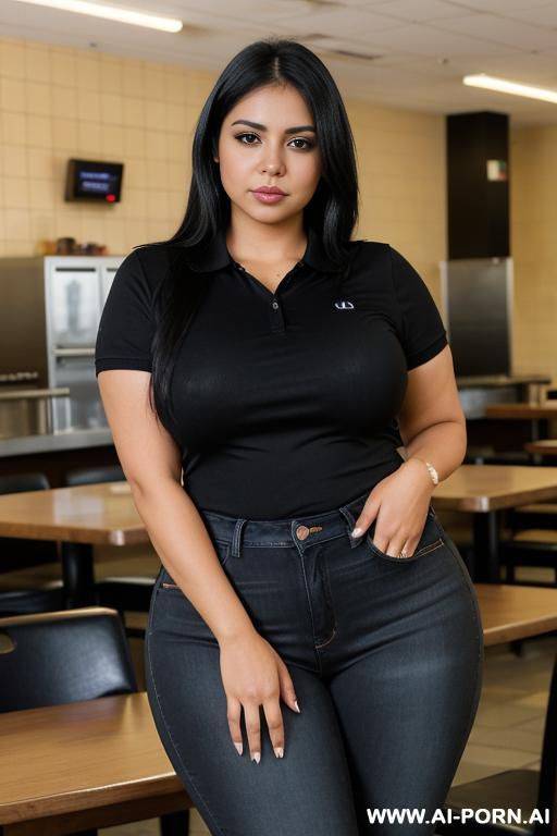 mexican, morena, tradicional, pretty, wide hips, fully clothed, black polo shirt, high rise jeans, extra thicc - #main
