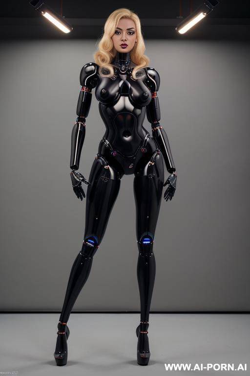 blonde robot, side view, full body view, running, looking at viewer, silicone skin, fully black robotic body, huge robotic tits, shapely robotic arms, shapely robotic legs, big robotic ass, - #main