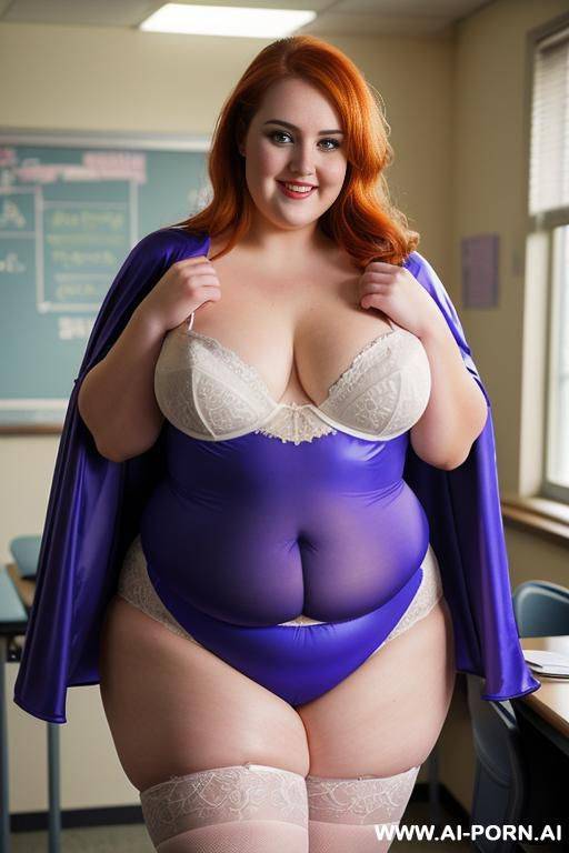 close up half body photo shot, about at classroom, the most pretty face chubby ((very obese and handlovess)) redhead fat bbw teacher, wearing a hot heroine (luminous colors suit), with a flowing cape and gloves, and stocking. - #main