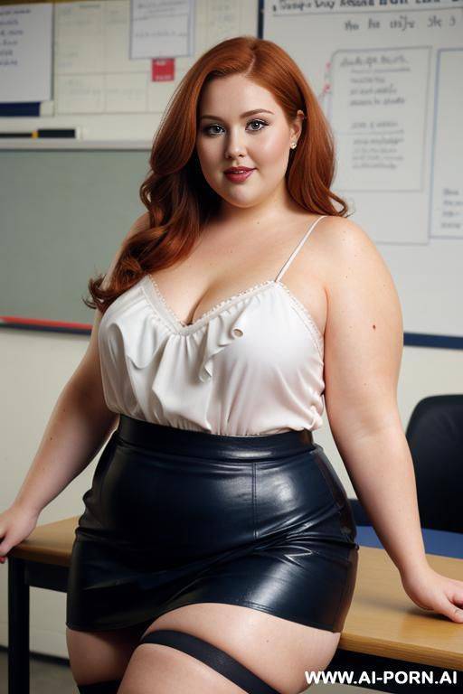 close up full body photo shot, about at classroom, chubby very (((chubby))) redhead fat bbw curvy teacher, wearing a sexy and hot micro ruffle leather skirt, and elegant top, teaching to the classroom. ((dynamic angle)), perfect face - #main
