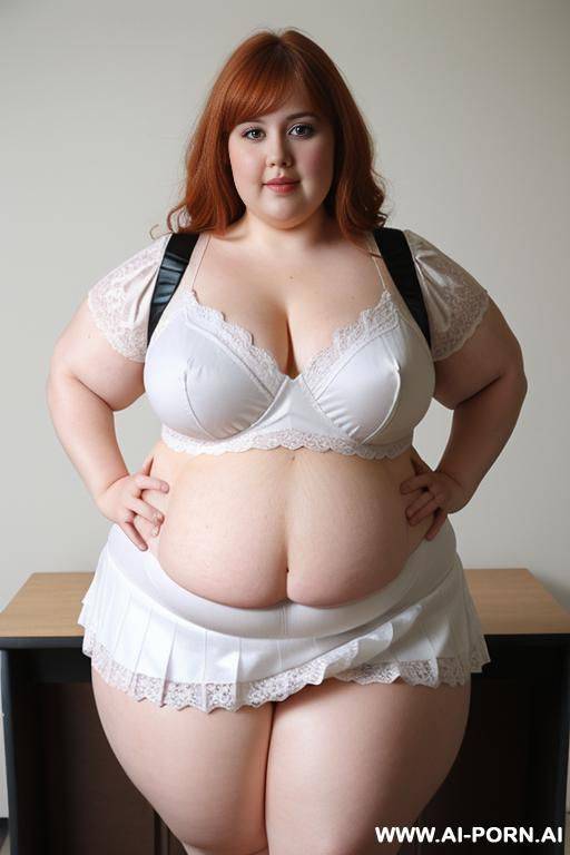 close up full body photo shot, about at classroom, chubby very (((obese and chubby))) redhead fat bbw curvy teacher, wearing a sexy and hot micro ruffle leather skirt, and elegant top, teaching to the classroom. ((dynamic angle)), perfect face - #main
