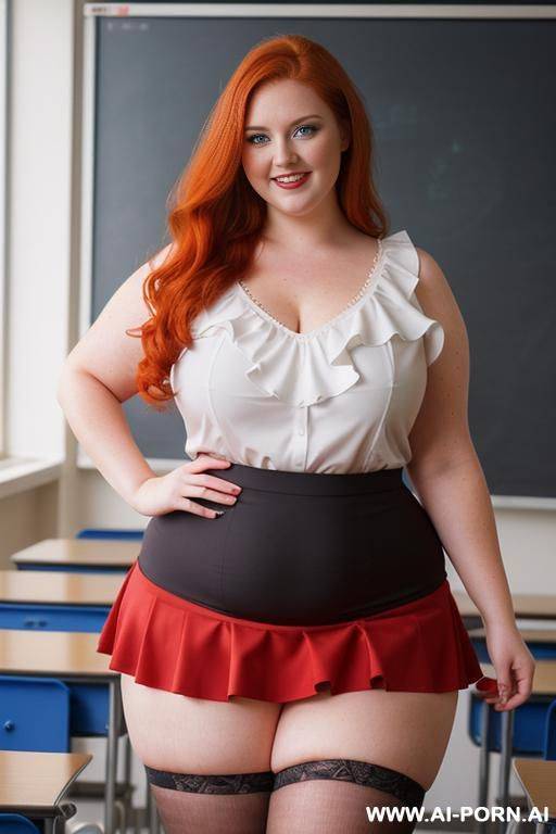 close up full body photo shot, about at classroom, chubby very obese redhead fat bbw curvy teacher, wearing a sexy and hot micro red ruffle skirt, and elegant top, teaching to the classroom. - #main