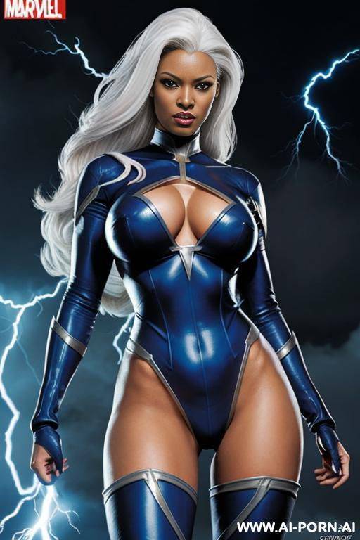 x-men, storm, wide hips. she is using her lightning super-power. comics style, cartoon. she is flying. (super-hero comics, cartoon), (totally naked) - #main