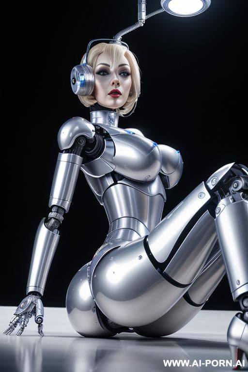 blonde robot, front view, full body view, lying on back on the floor, looking at viewer, silicone skin, (fully silver robotic body, huge robotic tits, shapely robotic arms, shapely robotic legs, - #main