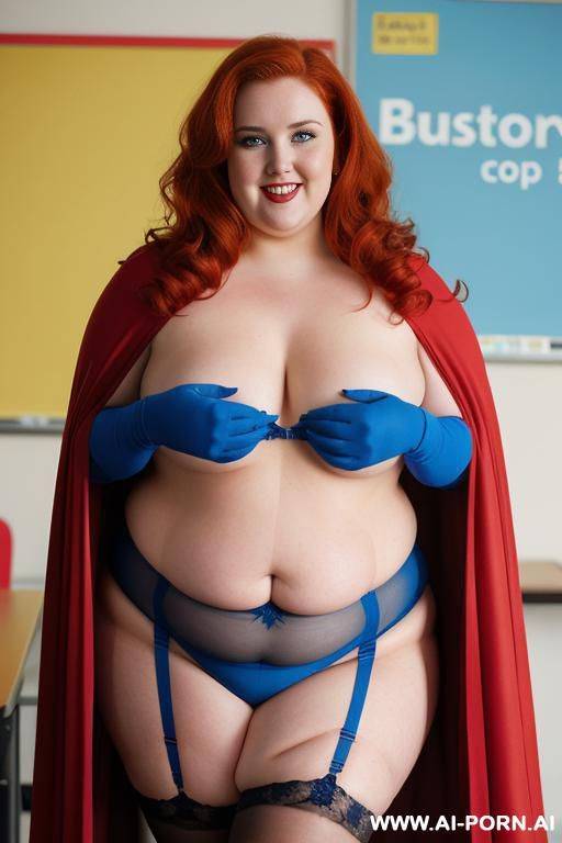 close up half body photo shot, about at classroom, chubby ((very obese and with lovehandless)) redhead fat bbw teacher, wearing a hot heroine (red, blue and yellow suit), with a flowing cape and gloves, and garter belt and stocking. - #main