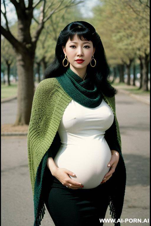 black hair.plastic ring earrings.pregnant.knitted shawl - #main