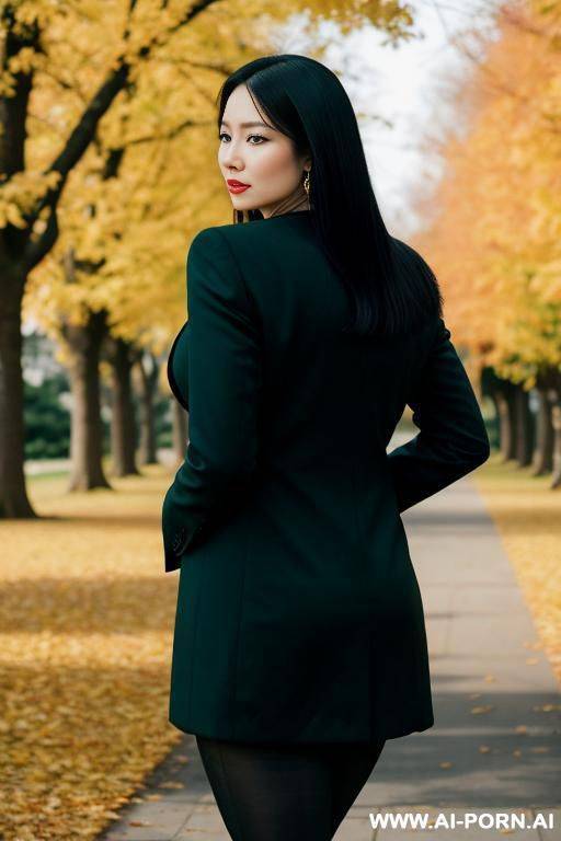 standing with both feet spread out, a business coat d over the shoulders, black hair, and large round earrings. - #main