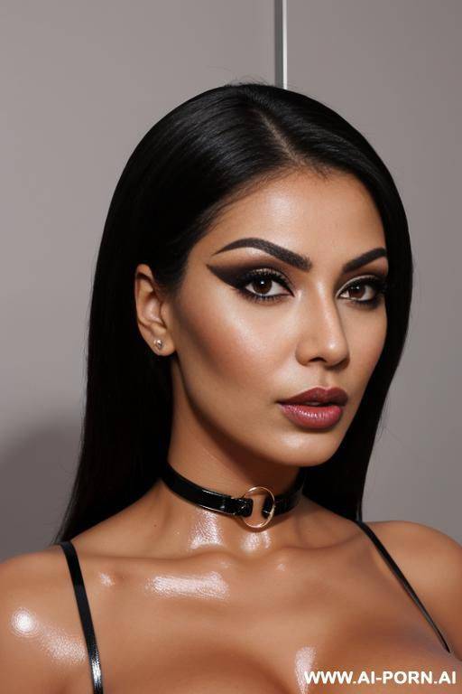 persian submissive bimbo, heavy makeup, perfect tanned naked body, perfect tits, eye contact, latex collar - #main