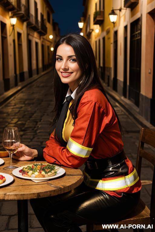 romantic evening dinner with elegant and beautiful spouse in old spain street. we are sitting at table. food is very delicious. she is looking at me. she is happy, smiling. - #main