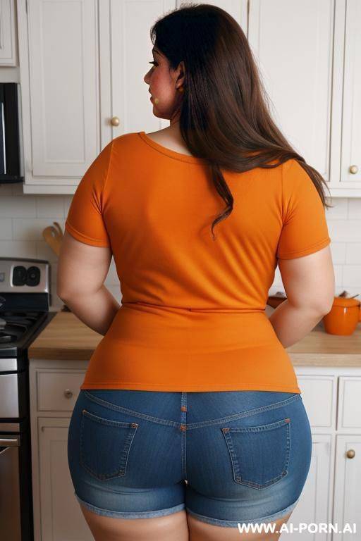 back view, chubby woman, full body, standing, long brown hair, triangular hips, thick thighs, wearing orange t-shirt, blue denim shorts, home kitchen - #main