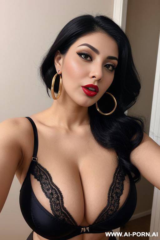 goofy expression, selfie, round boobs, extremely pretty, full lips, button nose, eye contact, ahegao, hoop earrings, extremely narrow tight waist - #main
