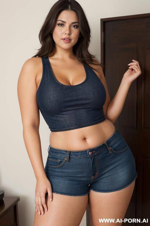 voluptuous woman, full body, standing, long dark brown hair, triangular hips, thick thighs, wearing dark blue denim shorts and tight orange tank top, master bedroom - #main