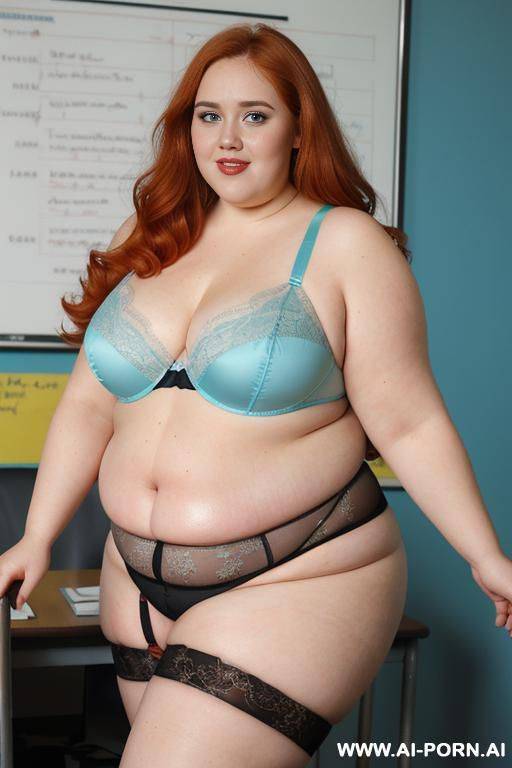 half body photo shot, about at classroom, fat ((obese and tummy)) bbw curvy teacher, wearing a sexy and hot aqua blue lace stocking lingeries, she is on four points pose - #main