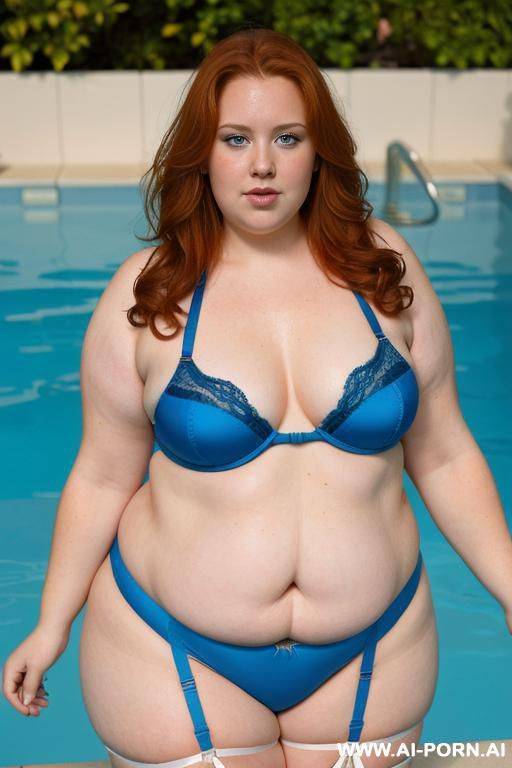 close up half body photo shot, about at morning on the pool swimming, a woman, very chubby ((obese)) fat bbw ginger, with a lovehandless and tummy, wearing a sexy and hot garter belt lingerie bikini, she has a flowers tattoo - #main