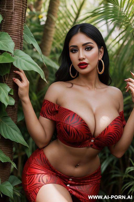 stretching, jungle, red dress, round boobs, extremely pretty, full botox lips, button nose, eye contact, ahegao, hoop earrings, tight waist - #main
