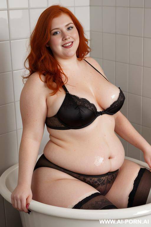 half-length photo, as a setting in the laundry area, a fat chubby ((obese)) fat thick and bbw redhead british, she is washing clothes and is soaked in foamy water. she has lovehandless and - #main