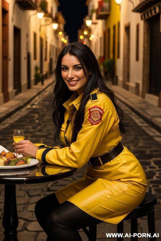 romantic evening dinner with elegant and beautiful spouse in old spain street. we are sitting at table. food is very delicious. she is looking at me. she is happy, smiling. - #main